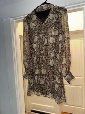 PAIGE Taupe & Cream SILK Floral Sheer Long-Sleeve Mini Dress